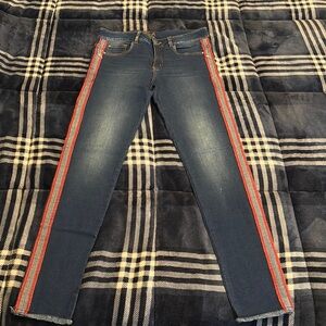 Blue and Red Skinny Jeans with Sporty Side Stripes